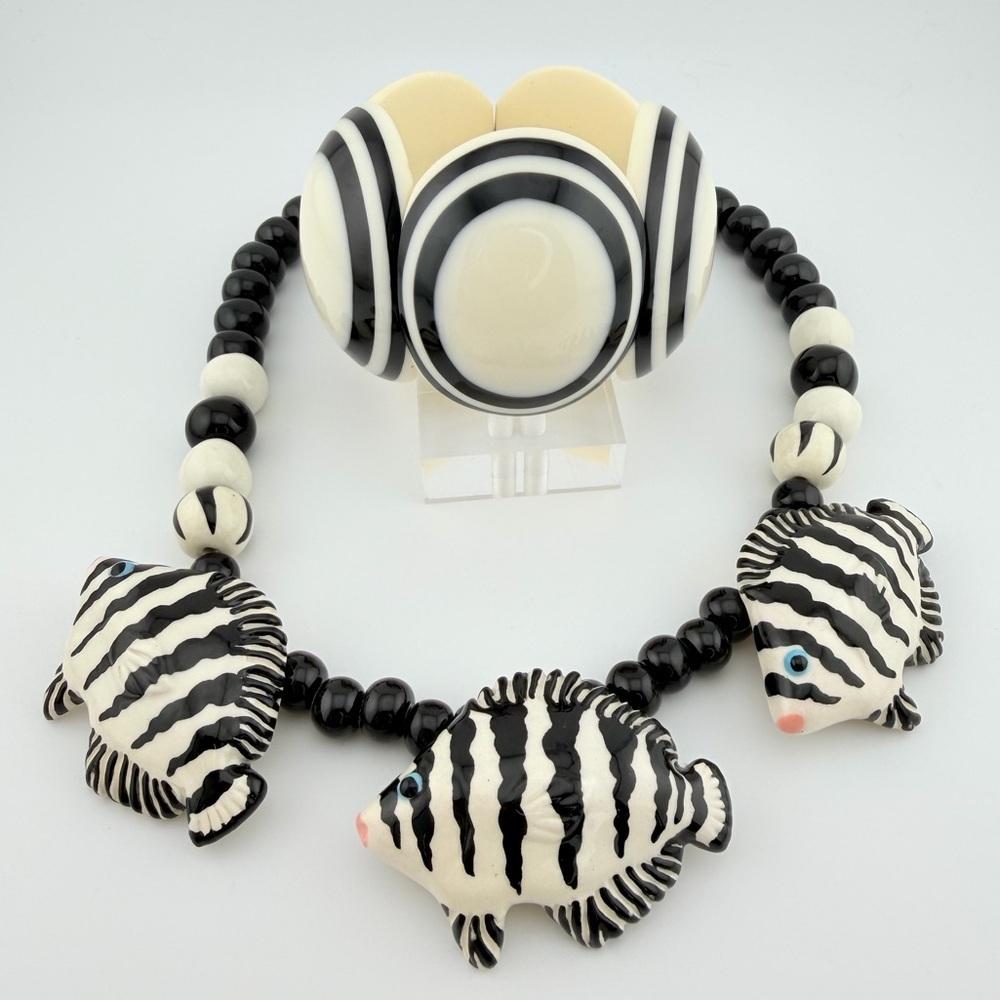 Flying Colors ceramic fish necklace paired- french vtg Marion Godard bracelet